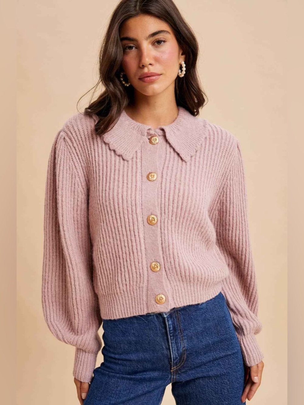 NWT - Soft Pink Ribbed Button-Up Sweater with Scalloped Collar